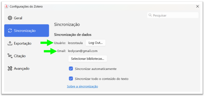 Tela Configuraçãos Zotero