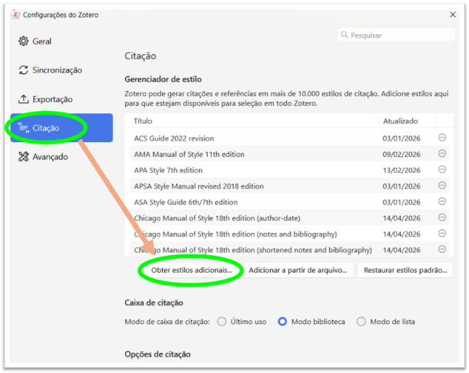 Tela Configuraçãos Zotero