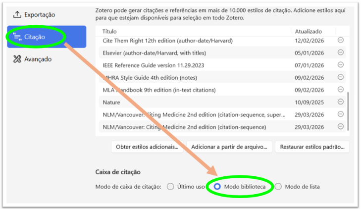 Tela Configuraçãos Zotero