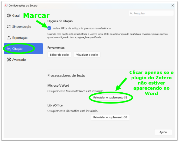 Tela Configuraçãos Zotero