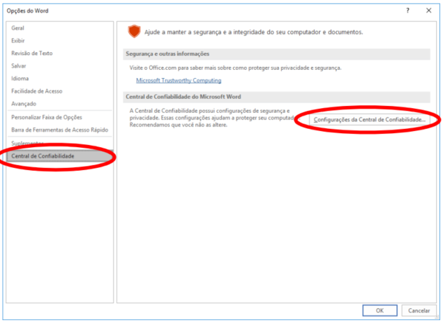 Tela Configuraçãos do Word