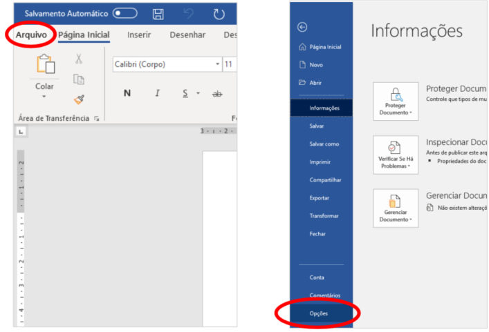 Tela Configuraçãos do Word
