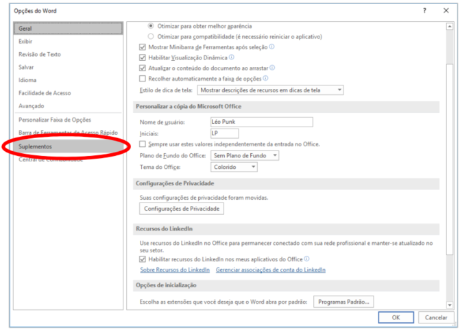 Tela Configuraçãos do Word